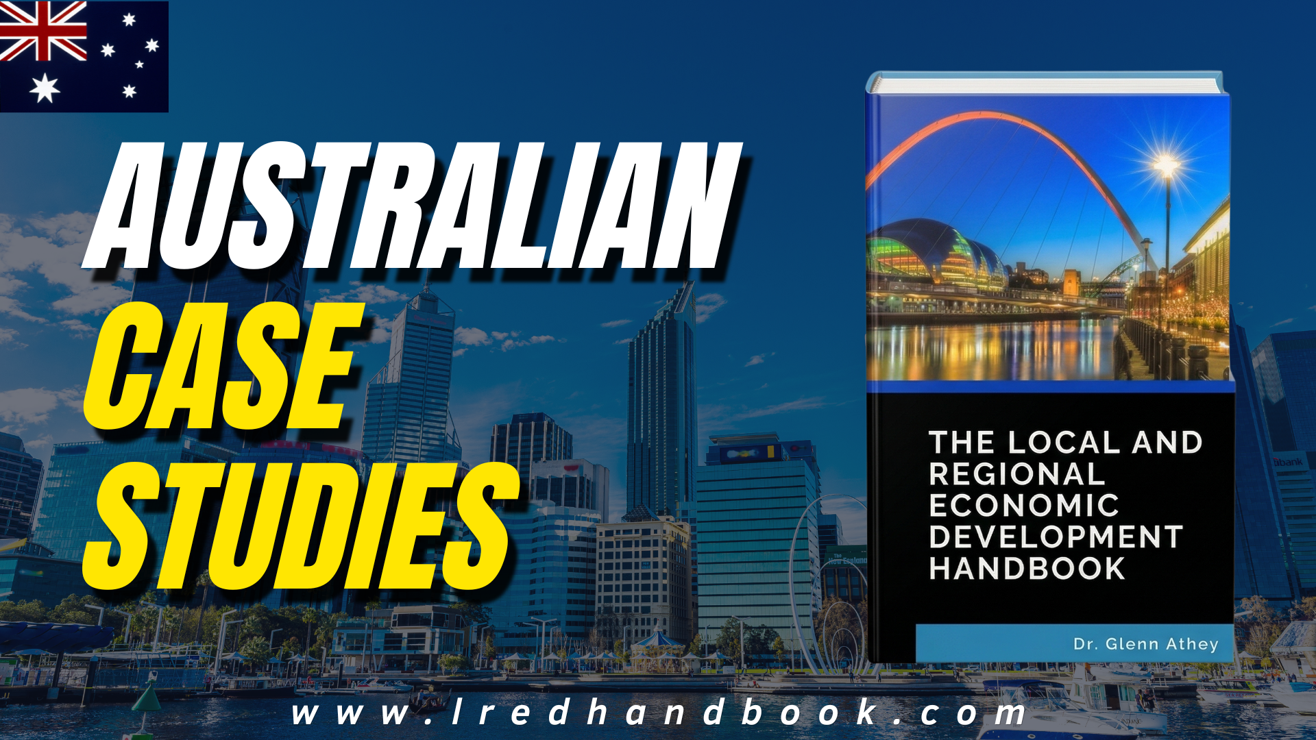 title australian case studies with handbook cover and background image as Australian city